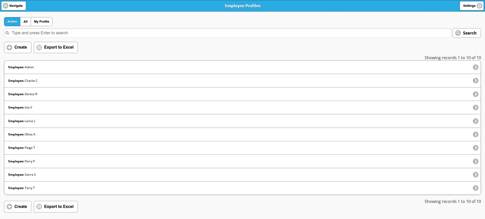 The Employee Profiles list on the Active view