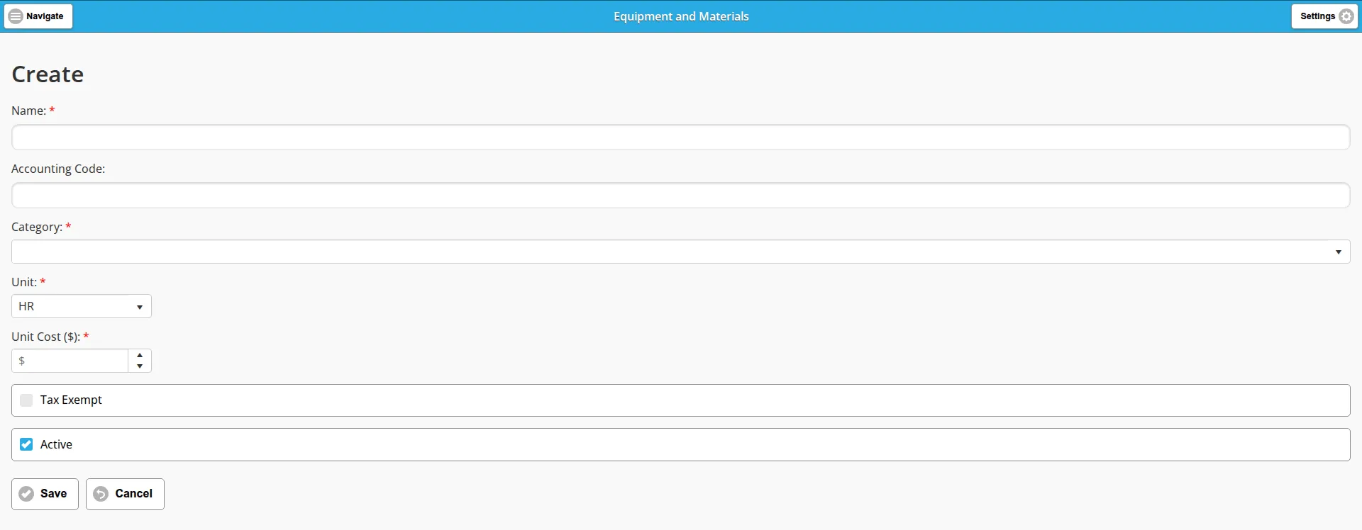The blank Create form for an equipment and materials item