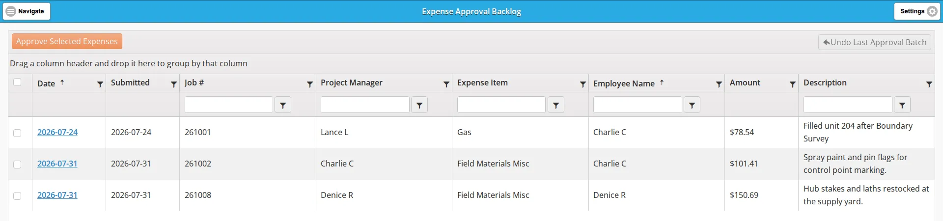 The Expense Approval Backlog with its two buttons, the grouping bar, the eight columns, the quick filter row and three rows