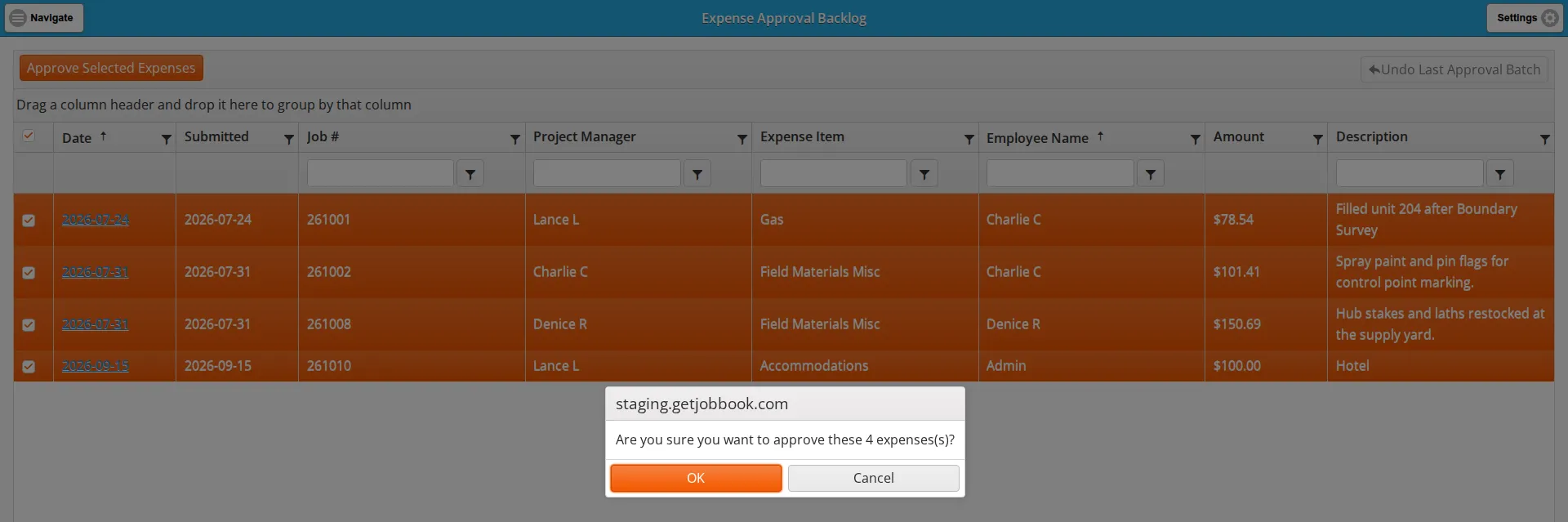 Every row ticked and the approval confirmation dialog open over the Expense Approval Backlog
