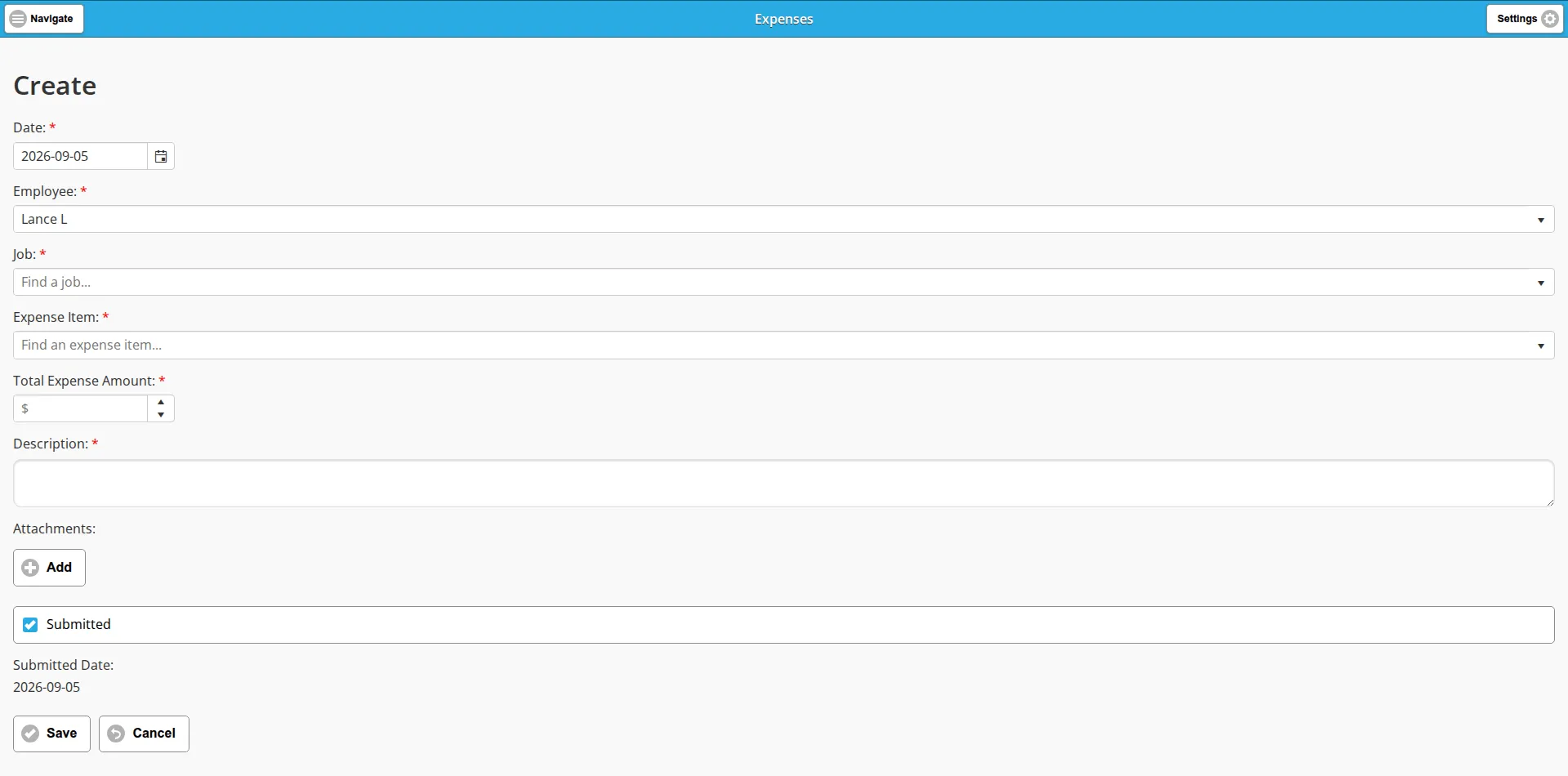 The blank expense create form from Date through Attachments to Submitted Date