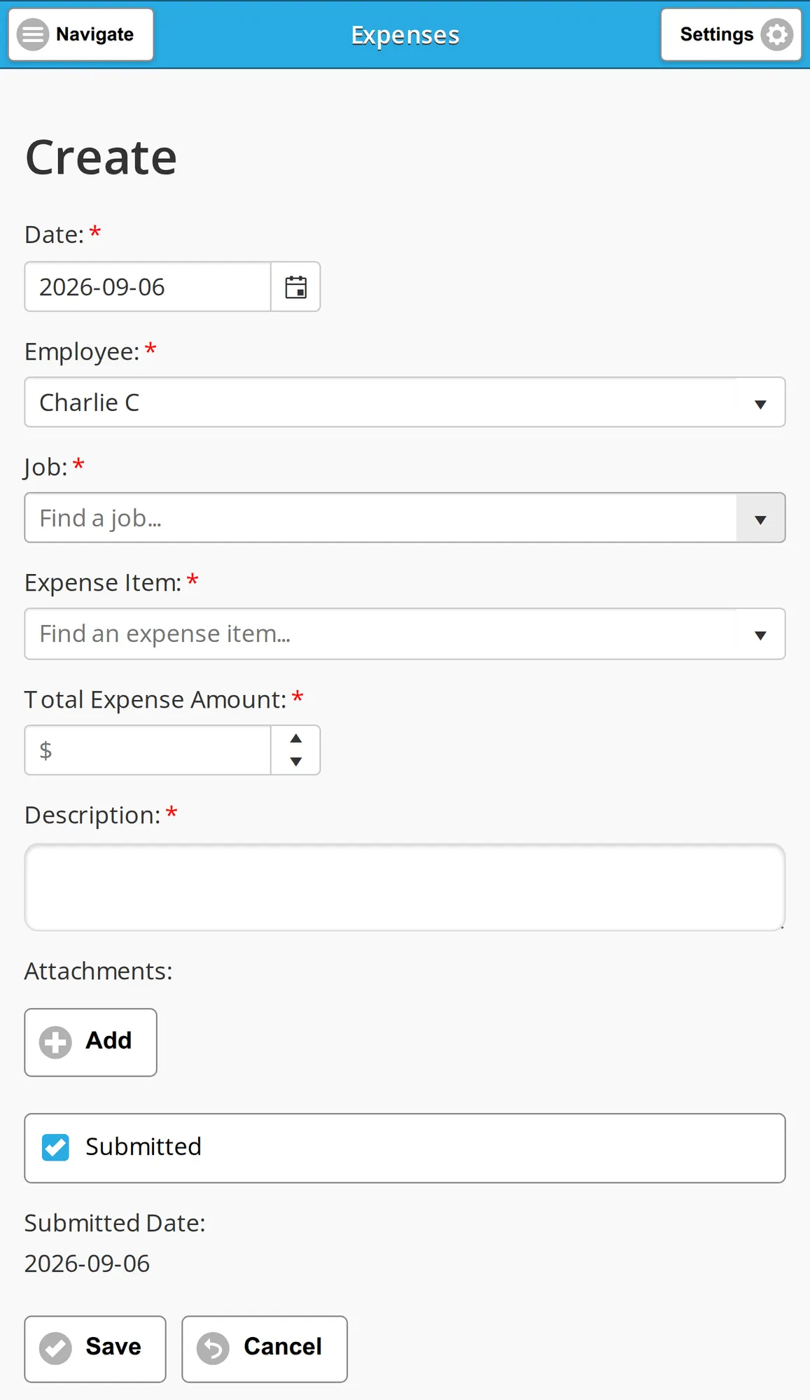 The expense create form on a phone, from Date through Attachments to Save