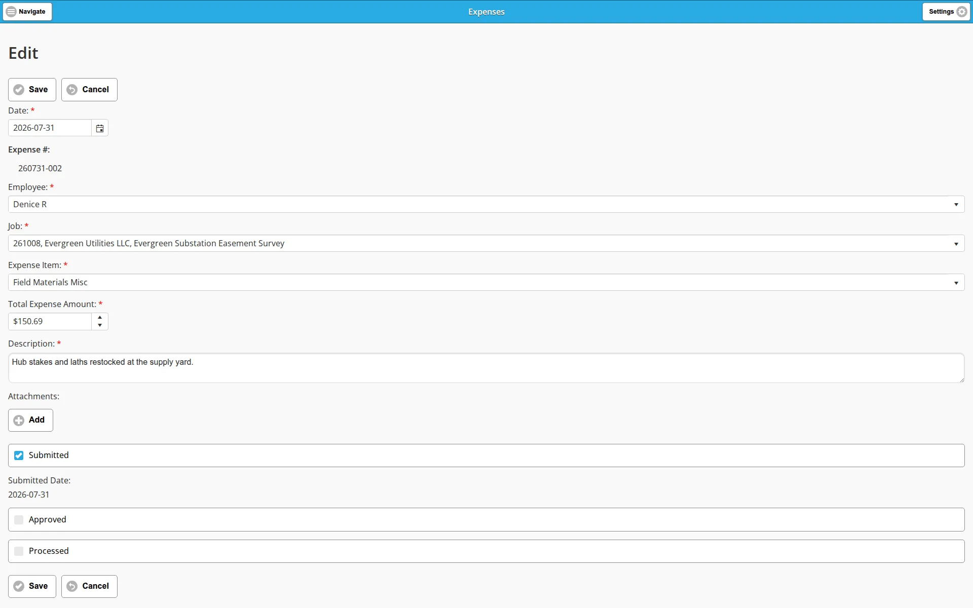 The edit view of an expense, showing the Submitted checkbox, Submitted Date and the Approved and Processed checkboxes above Save