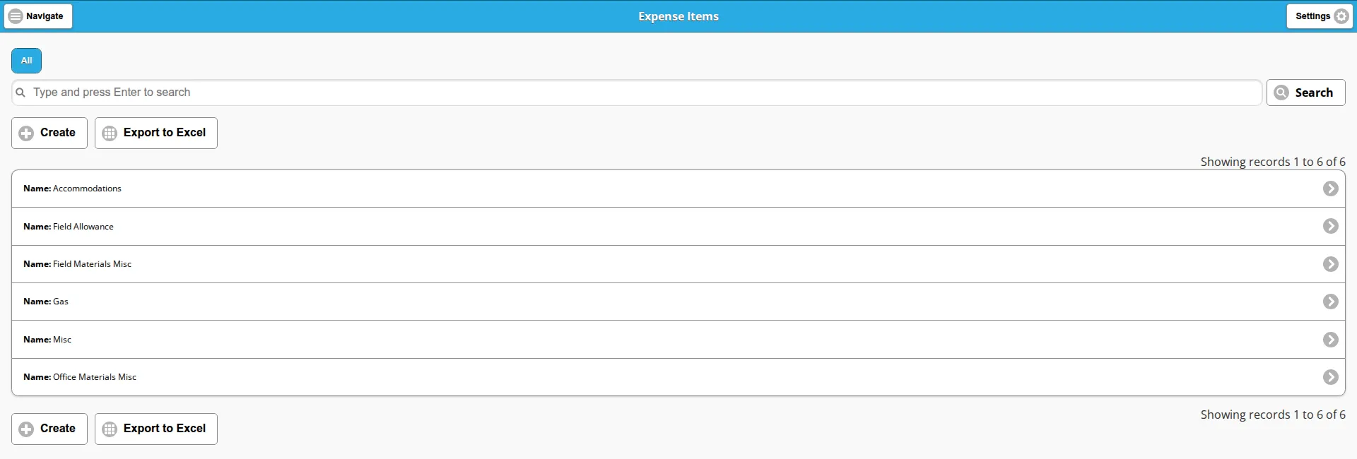 The Expense Items list