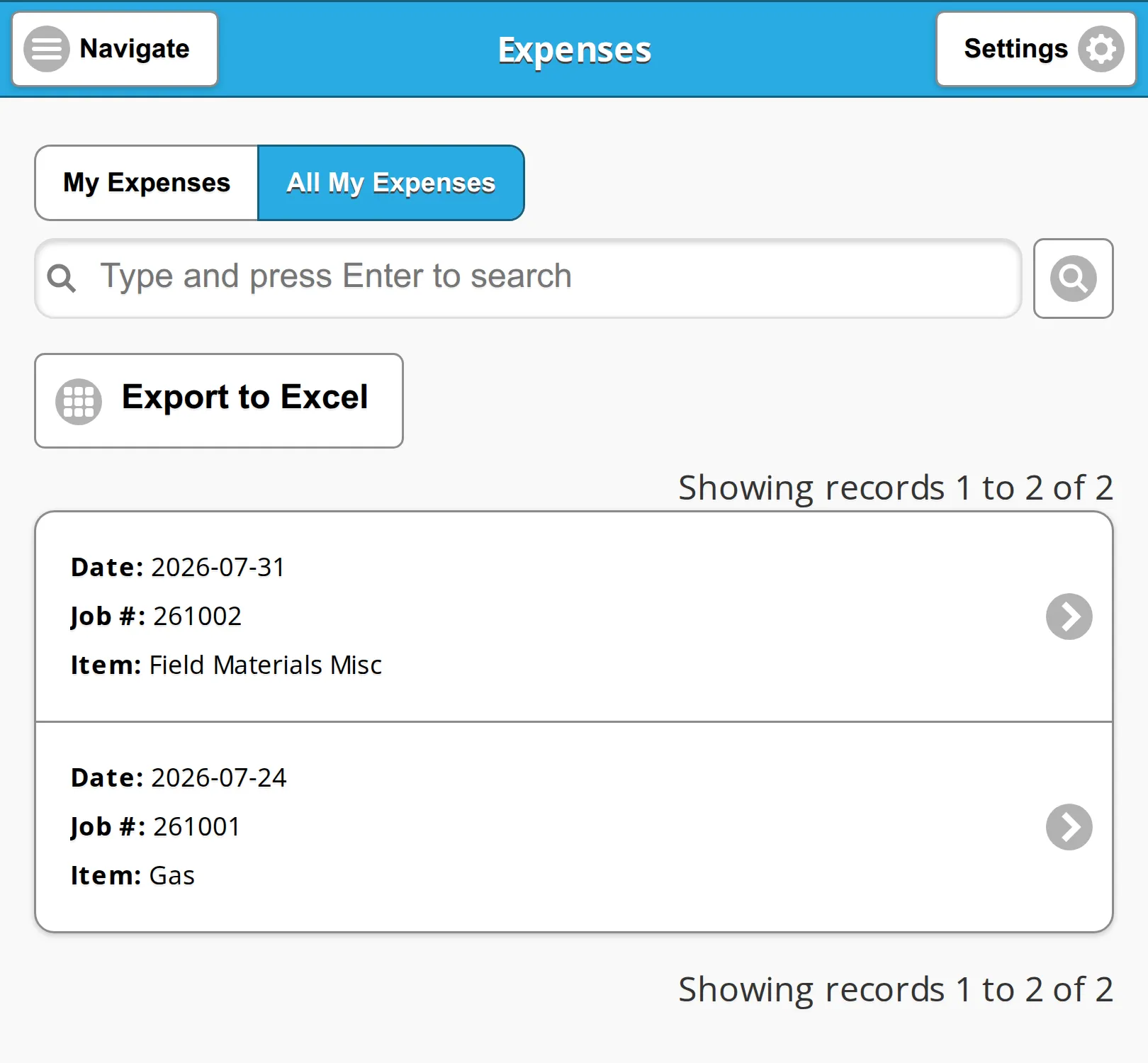 The All My Expenses view of the Expenses list on a phone, with two cards