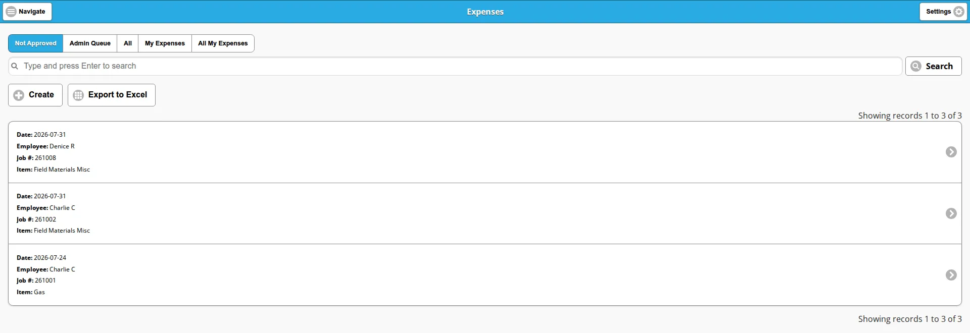 The Expenses list on the Not Approved view, showing the five saved views, the toolbar and three cards