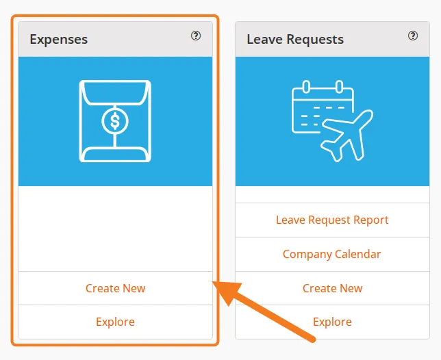 The Expenses card on the dashboard, with Create New marked