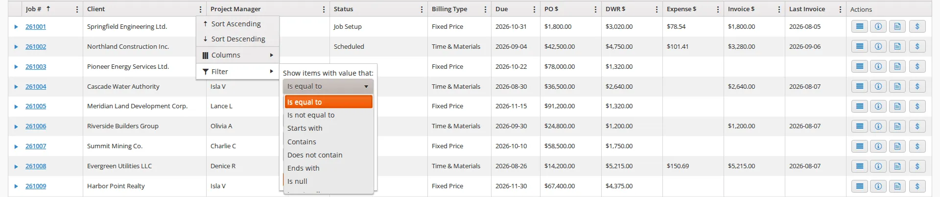 The Filter panel open on the Client column, with the operator dropdown showing Is equal to, Is not equal to, Starts with, Contains, Does not contain, Ends with and Is null