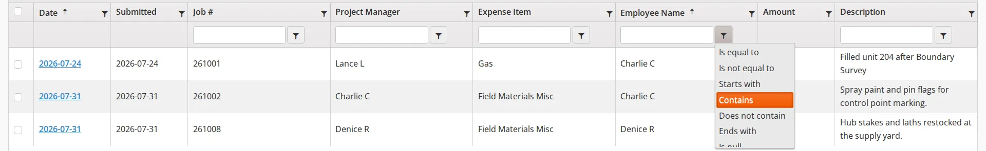 The filter row's operator list open beside the Employee Name box on the Expense Approval Backlog