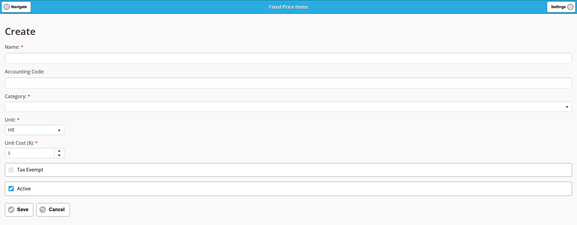The blank Create form for a fixed price item