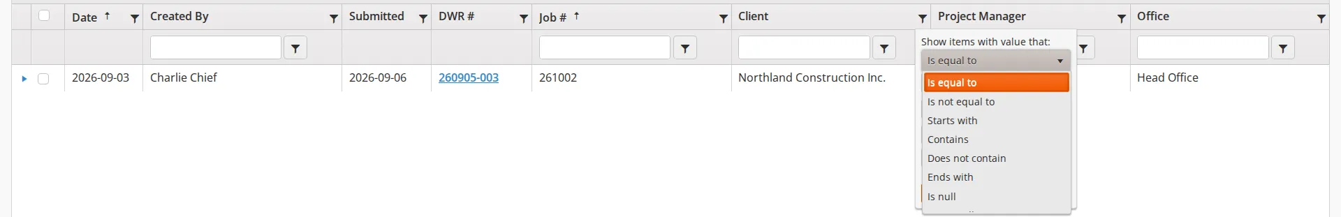 The Filter panel open from the funnel on the Client column of the DWR Approval Backlog, with the operator dropdown showing the text operators