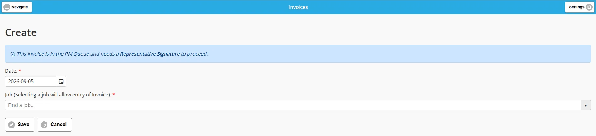 The blank invoice create form with the Date and Job fields
