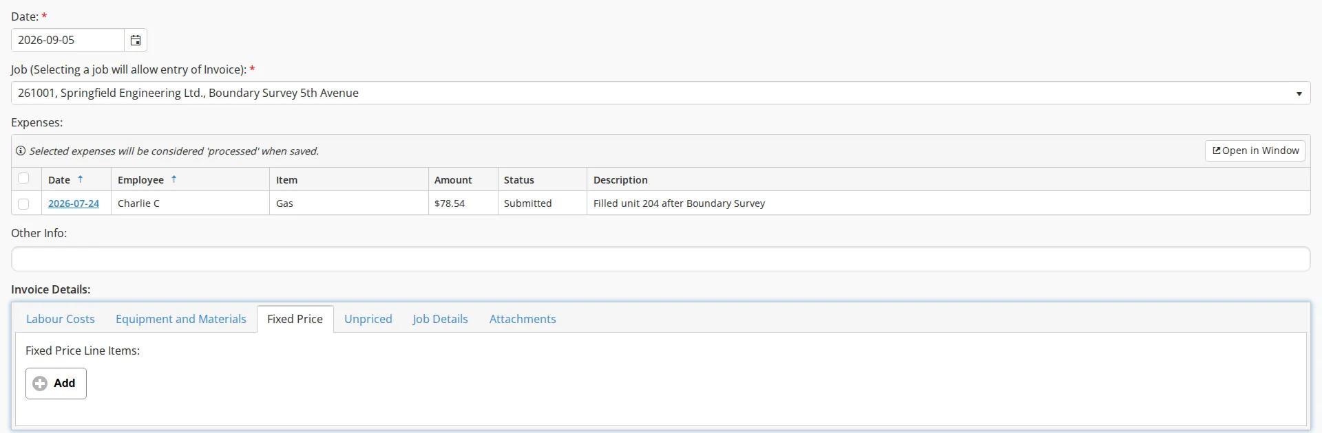 A new invoice for a fixed price job, showing Date, the Job, the Expenses table, Other Info and the Invoice Details tabs with Fixed Price open