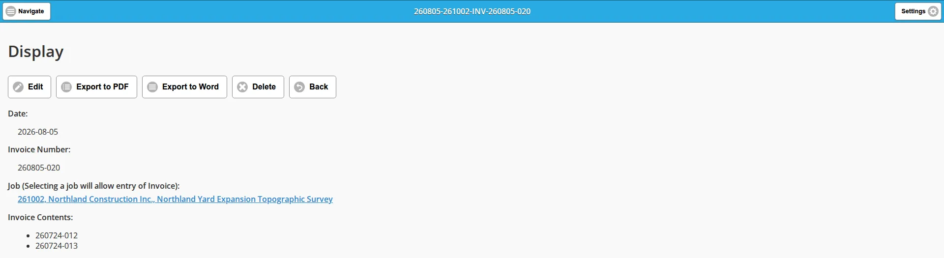 The top of an invoice's display view, showing the five buttons and the header fields