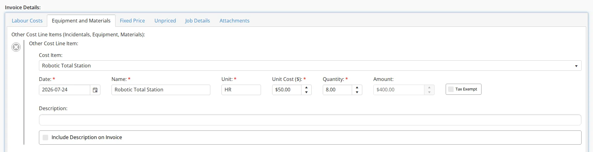 The Equipment and Materials tab of the invoice form with one Other Cost Line Item row open