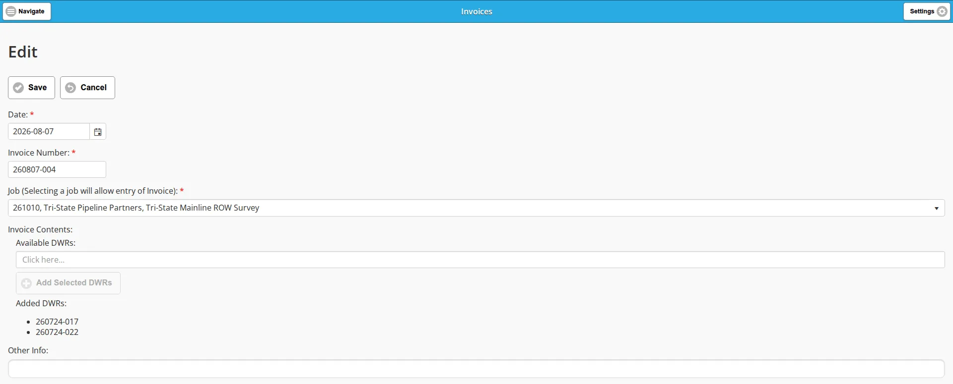 The top of the invoice edit form, showing Save and Cancel and the Date, Invoice Number, Job and Invoice Contents fields