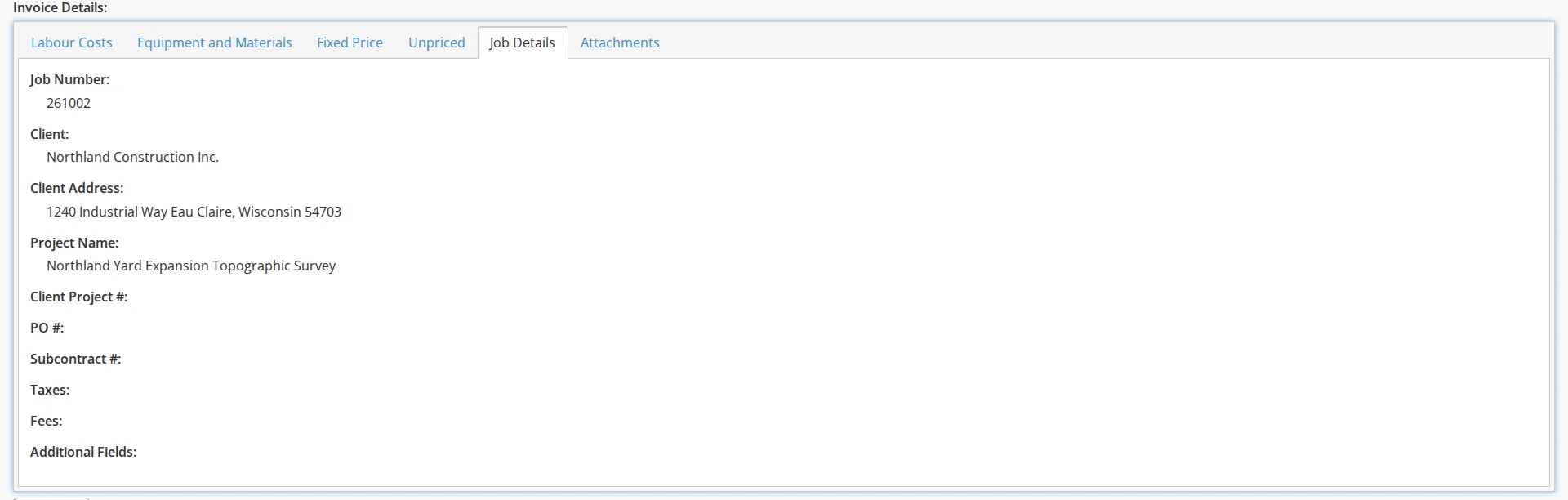 The Job Details tab of an invoice, showing the ten read-only fields copied from the job