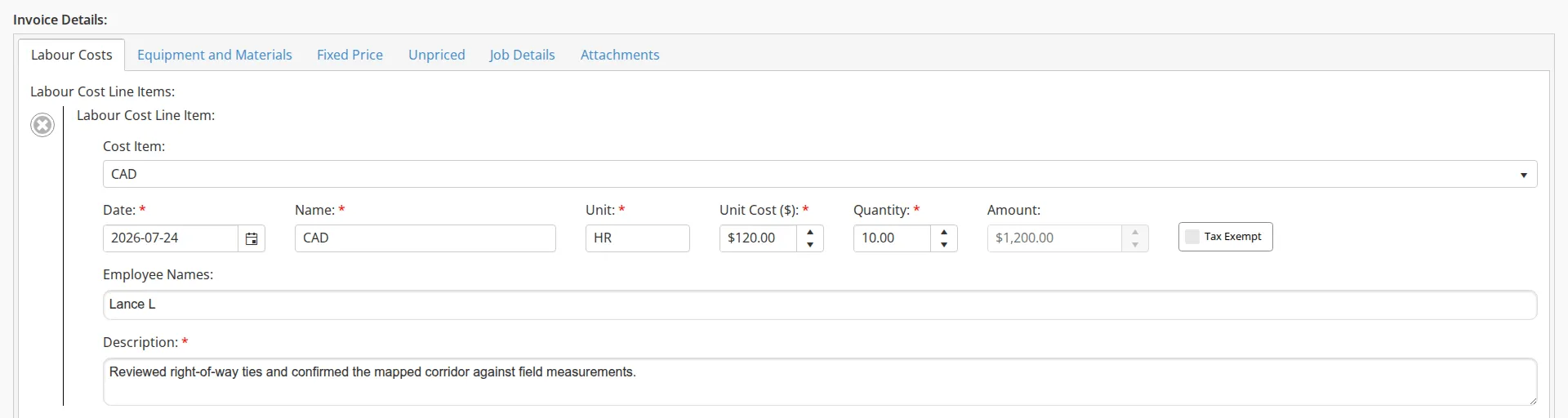 The Labour Costs tab of the invoice form with one Labour Cost Line Item row open