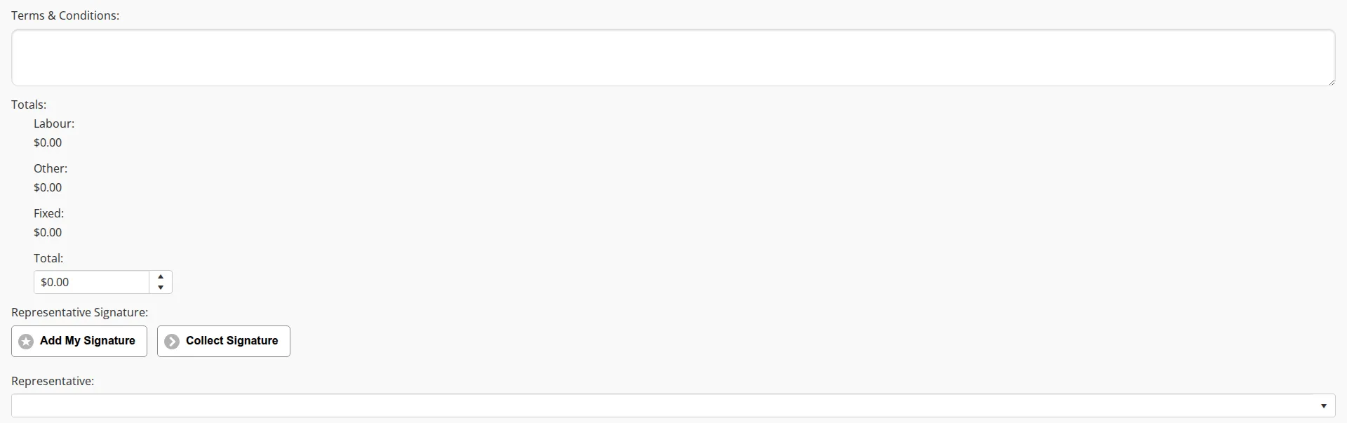 The Terms & Conditions box, the Totals block and the Representative Signature buttons below the invoice form's tabs