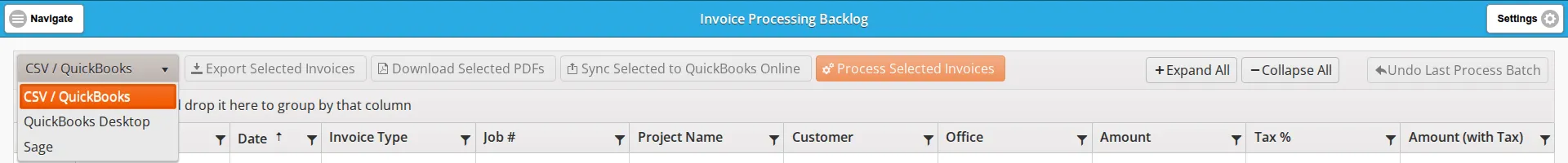 The format dropdown open over the Invoice Processing Backlog toolbar, listing CSV / QuickBooks, QuickBooks Desktop and Sage