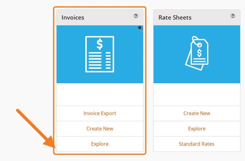 The Invoices card on the dashboard, with Explore marked