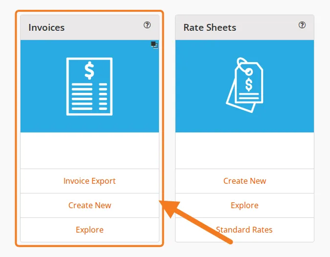 The Invoices card on the dashboard, with Create New marked