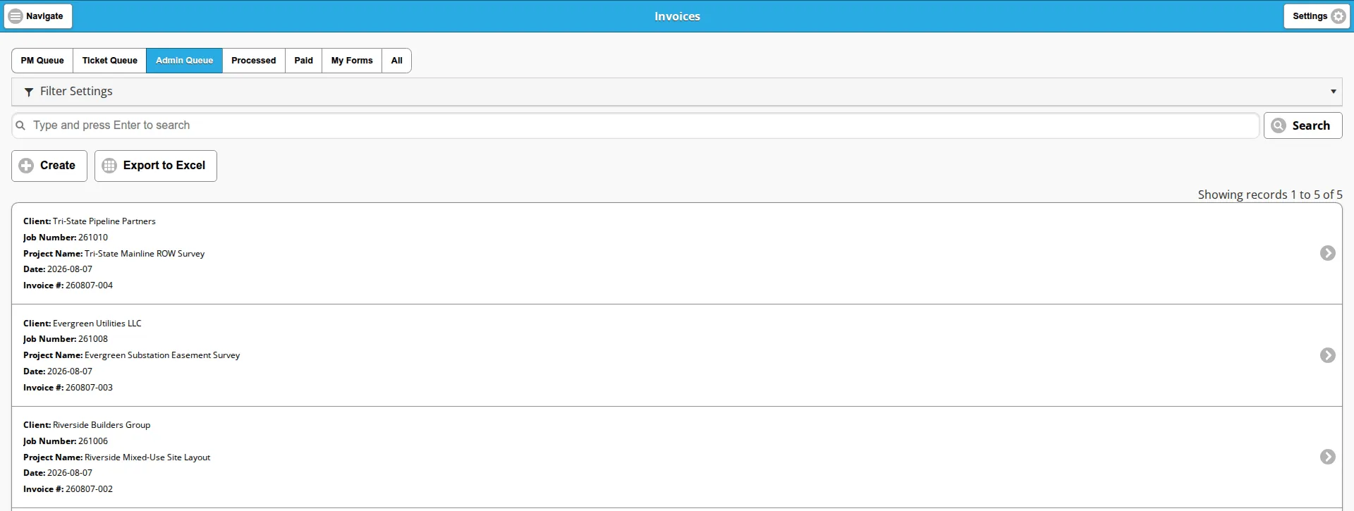 The Invoices list on the Admin Queue view, showing the seven saved views, the toolbar and the first three cards