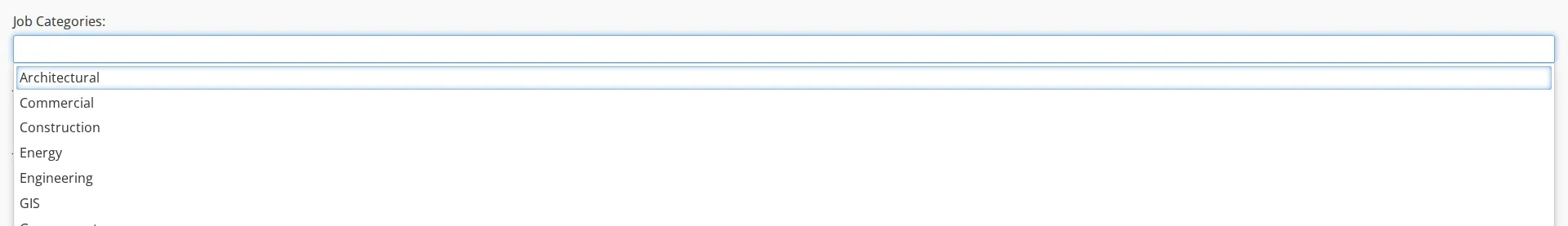 The Job Categories picker on the job form with its list open