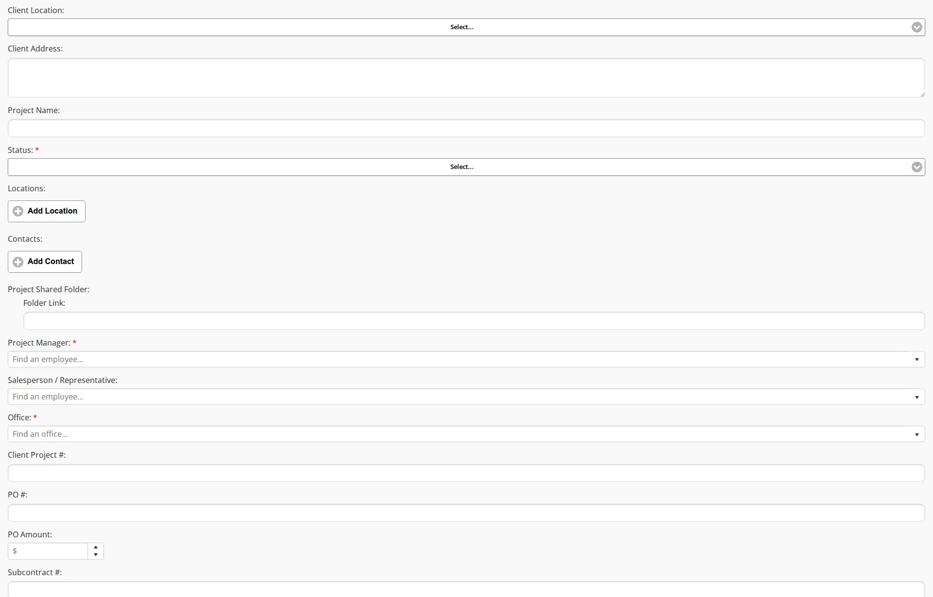 The job form's basic configuration fields, from Client Location down to Subcontract number