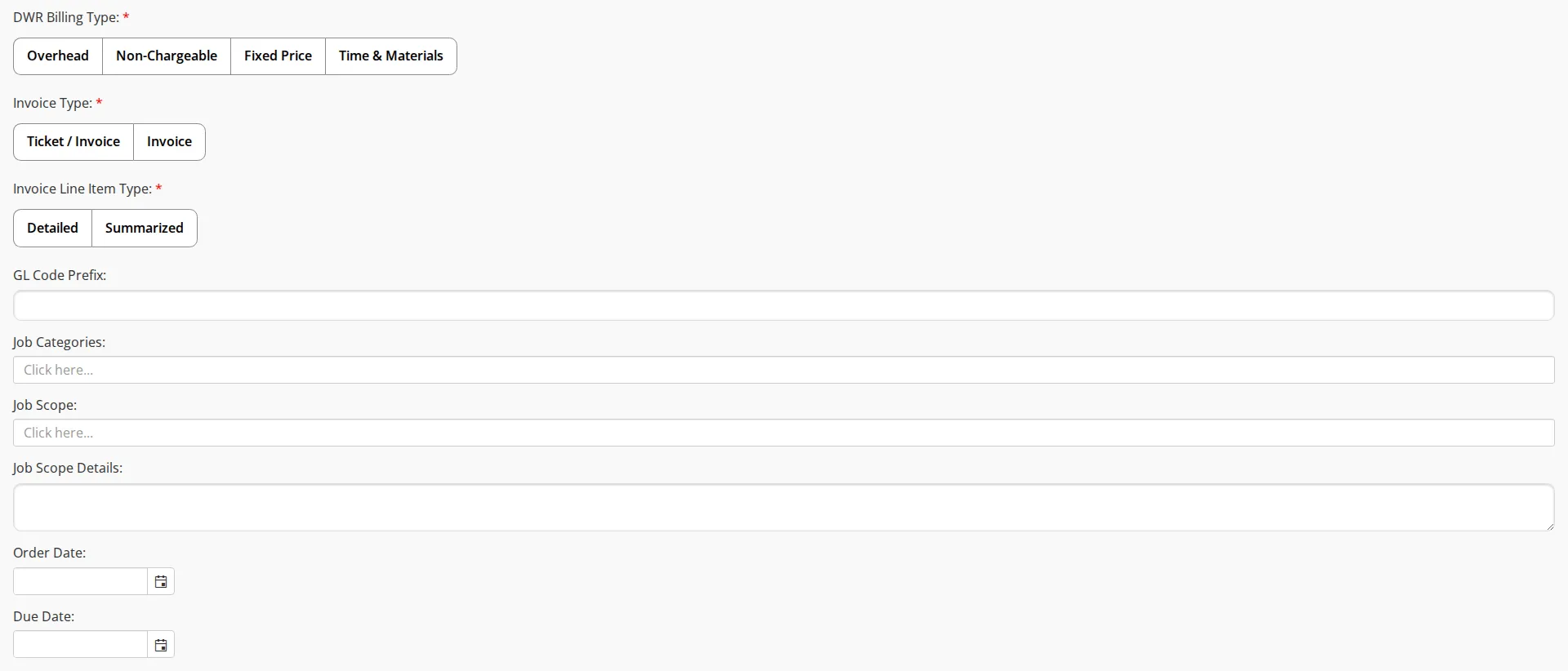 The job form's billing configuration fields