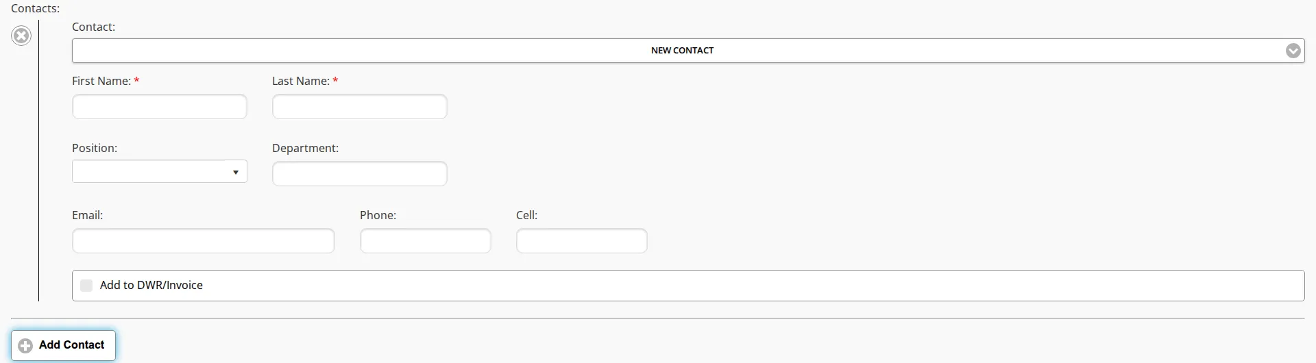 A contact row on the job form with NEW CONTACT chosen