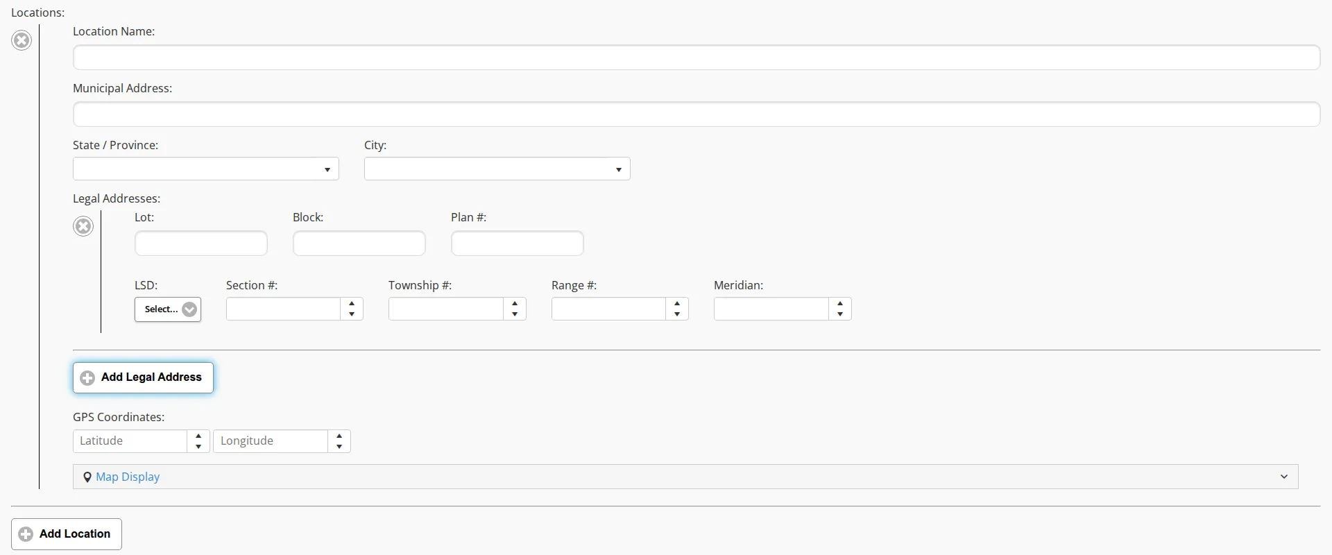 One location row on the job form, with a legal address open