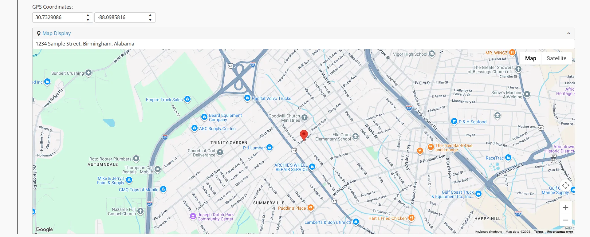 The Map Display panel of a location row, expanded, with a pin on the resolved address