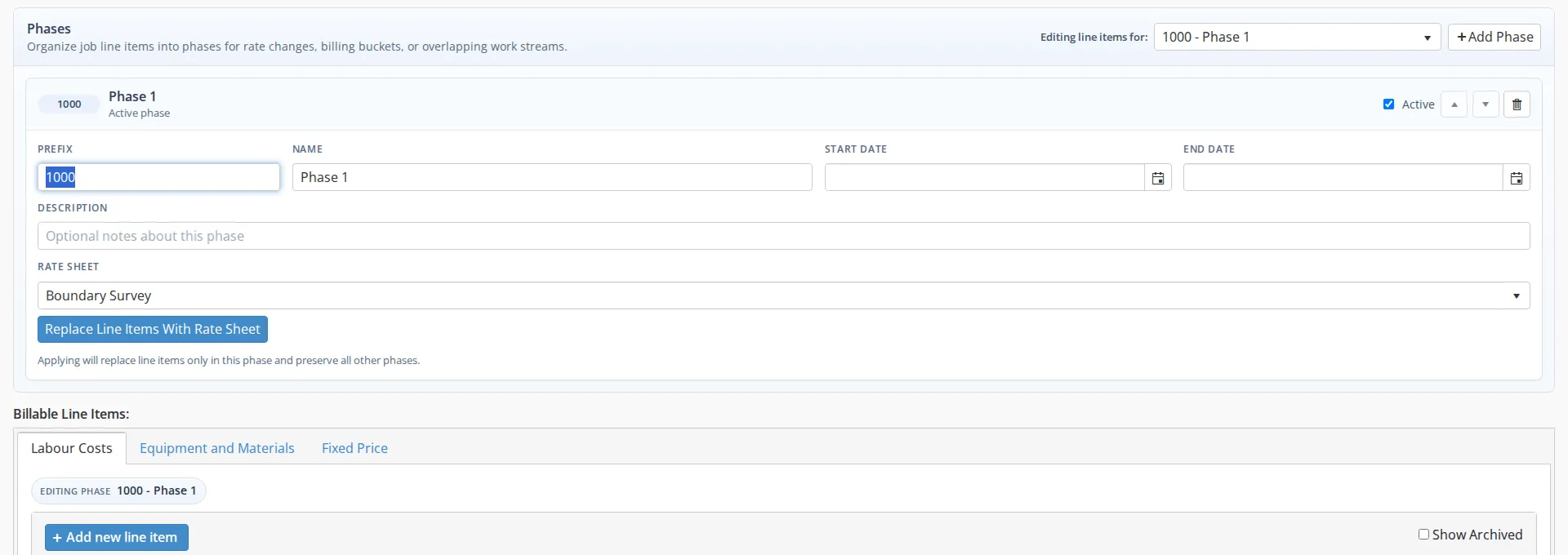 The Phases panel after Enable Phases has been clicked
