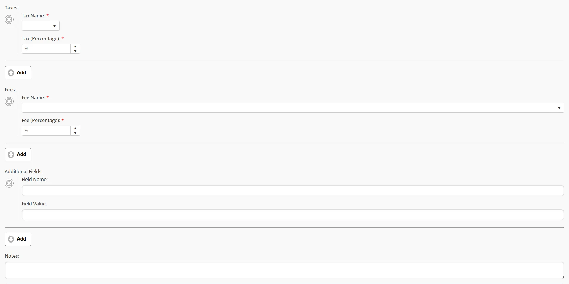The Taxes, Fees and Additional Fields sections of the job form, each with one row opened