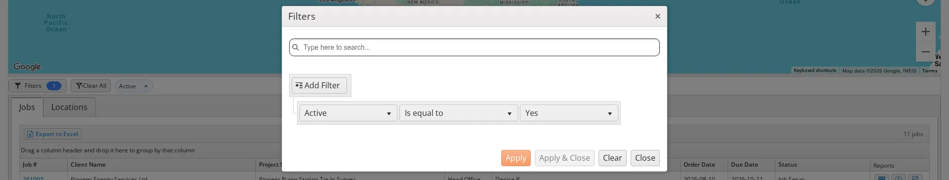 The Filters dialog open over Job Explorer, showing one filter row reading Active, Is equal to, Yes