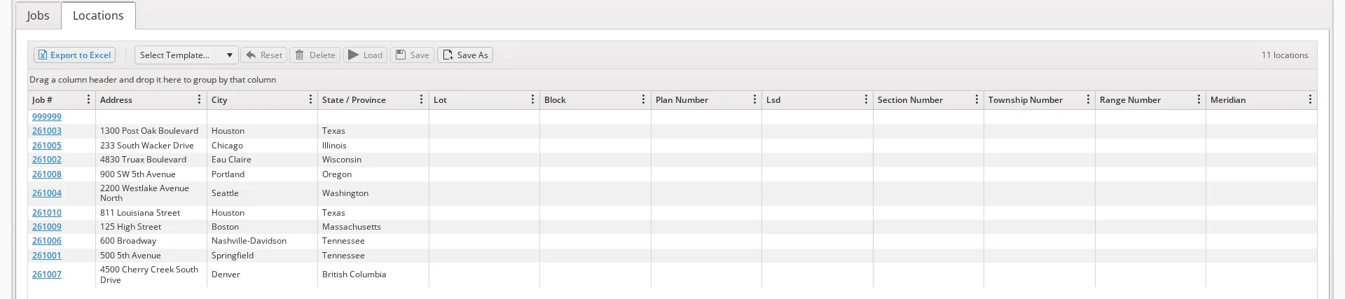 The Locations tab of Job Explorer, showing the template toolbar and the location columns