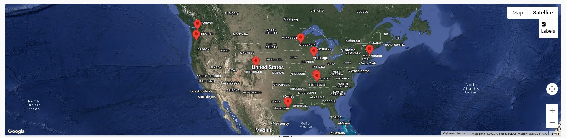 The Job Explorer map in Satellite view, with the Labels checkbox ticked