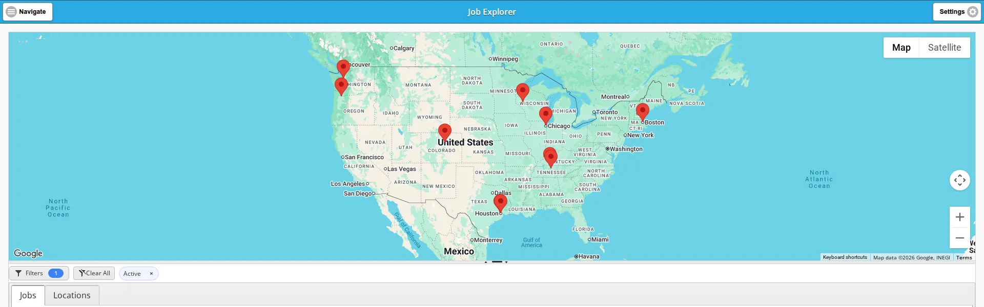 Job Explorer as it opens, with the map above the filter bar and the Jobs and Locations tabs