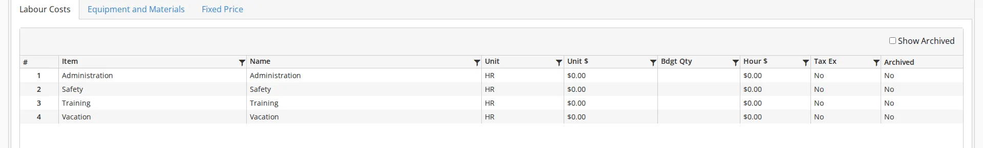 A job's line item grid on its display view, with four labour cost rows