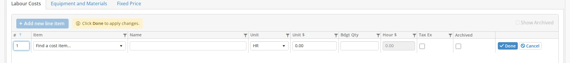 A blank line item row open for editing in the Labour Costs grid