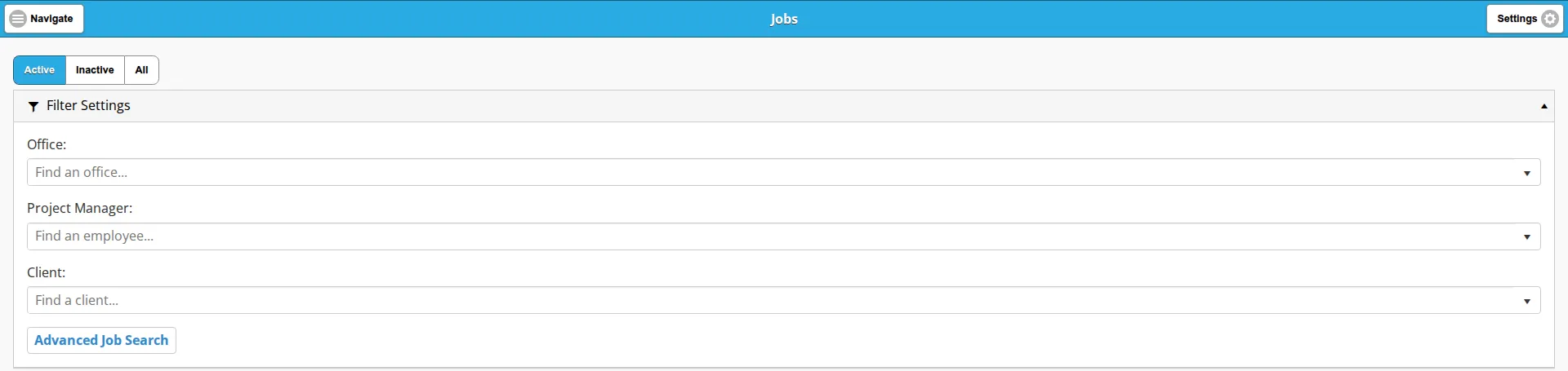 The Filter Settings panel expanded above the Jobs list