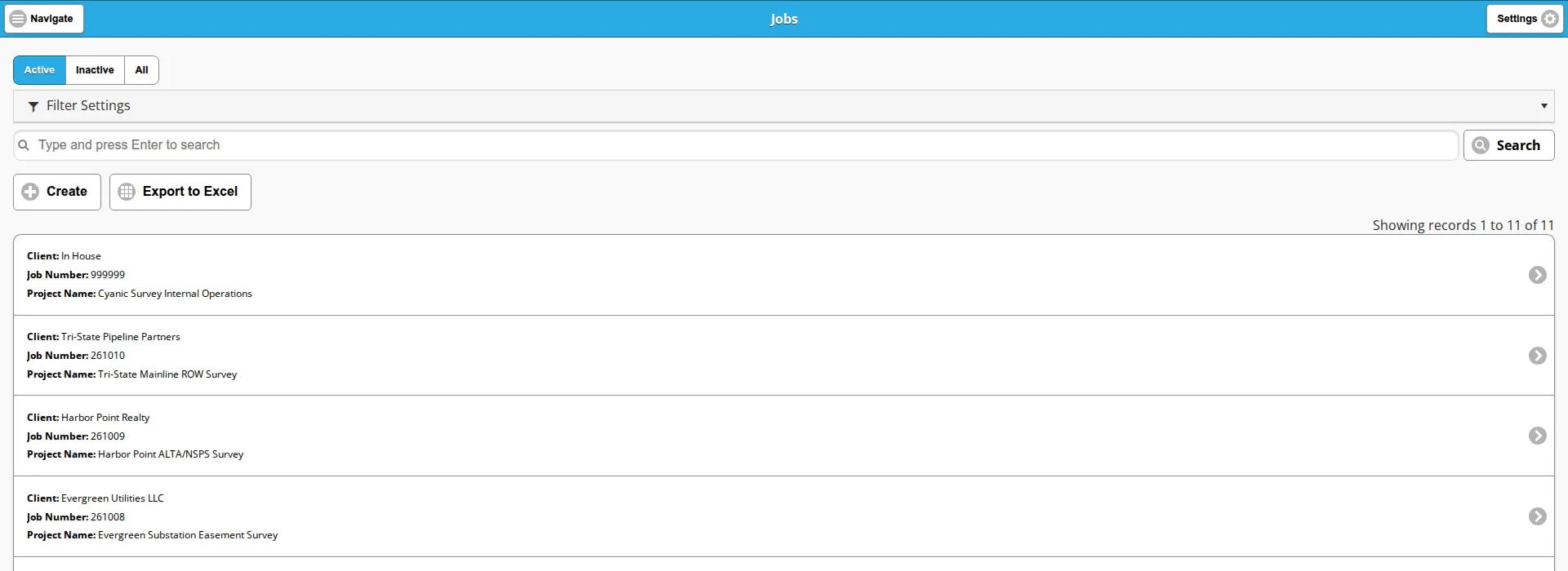 The Jobs list on the Active view