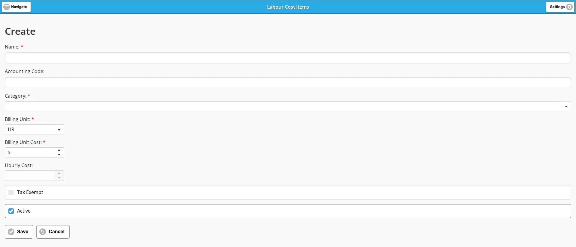 The blank Create form for a labour cost item