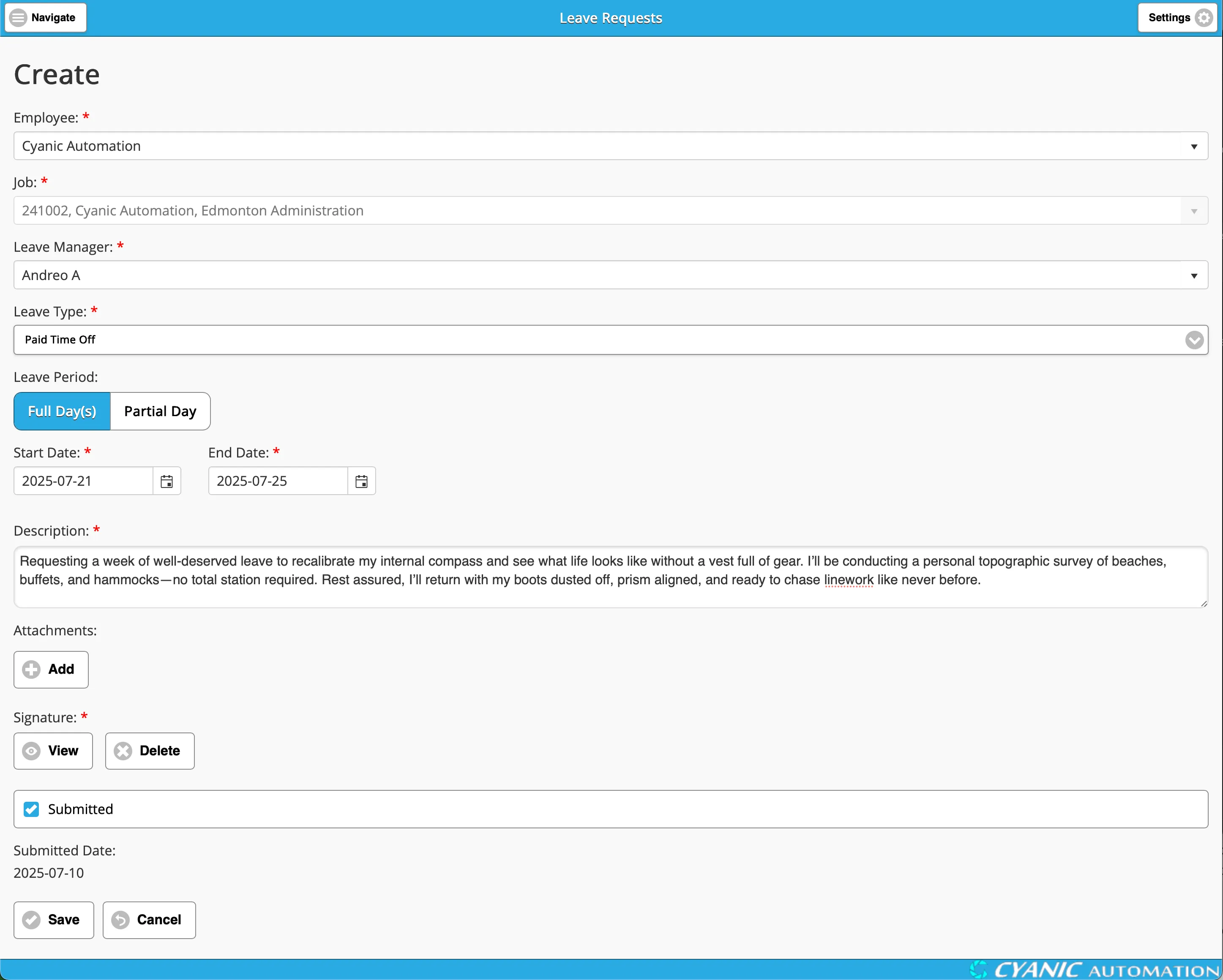 Cyanic Job Book Leave Request Form