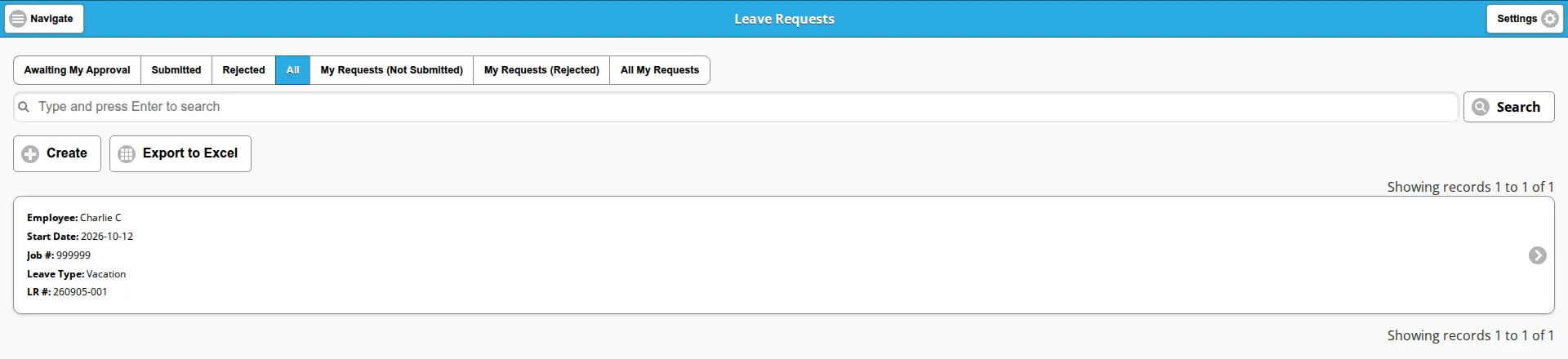 The Leave Request list on the All view