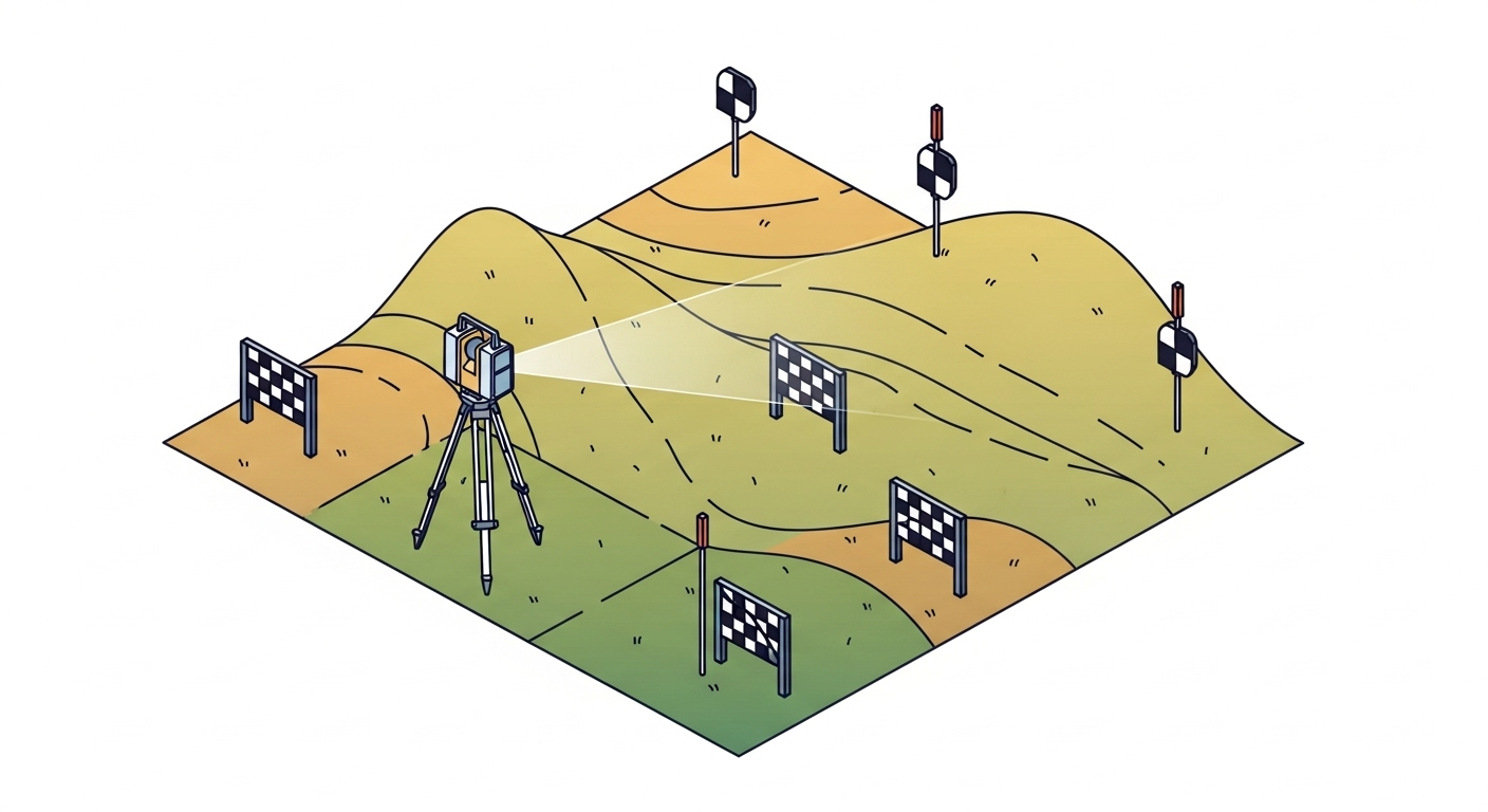 A surveyor operating a terrestrial LiDAR scanner on a tripod.
