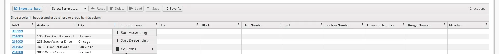The column menu on the City column of the Locations tab, showing Sort Ascending, Sort Descending and Columns only