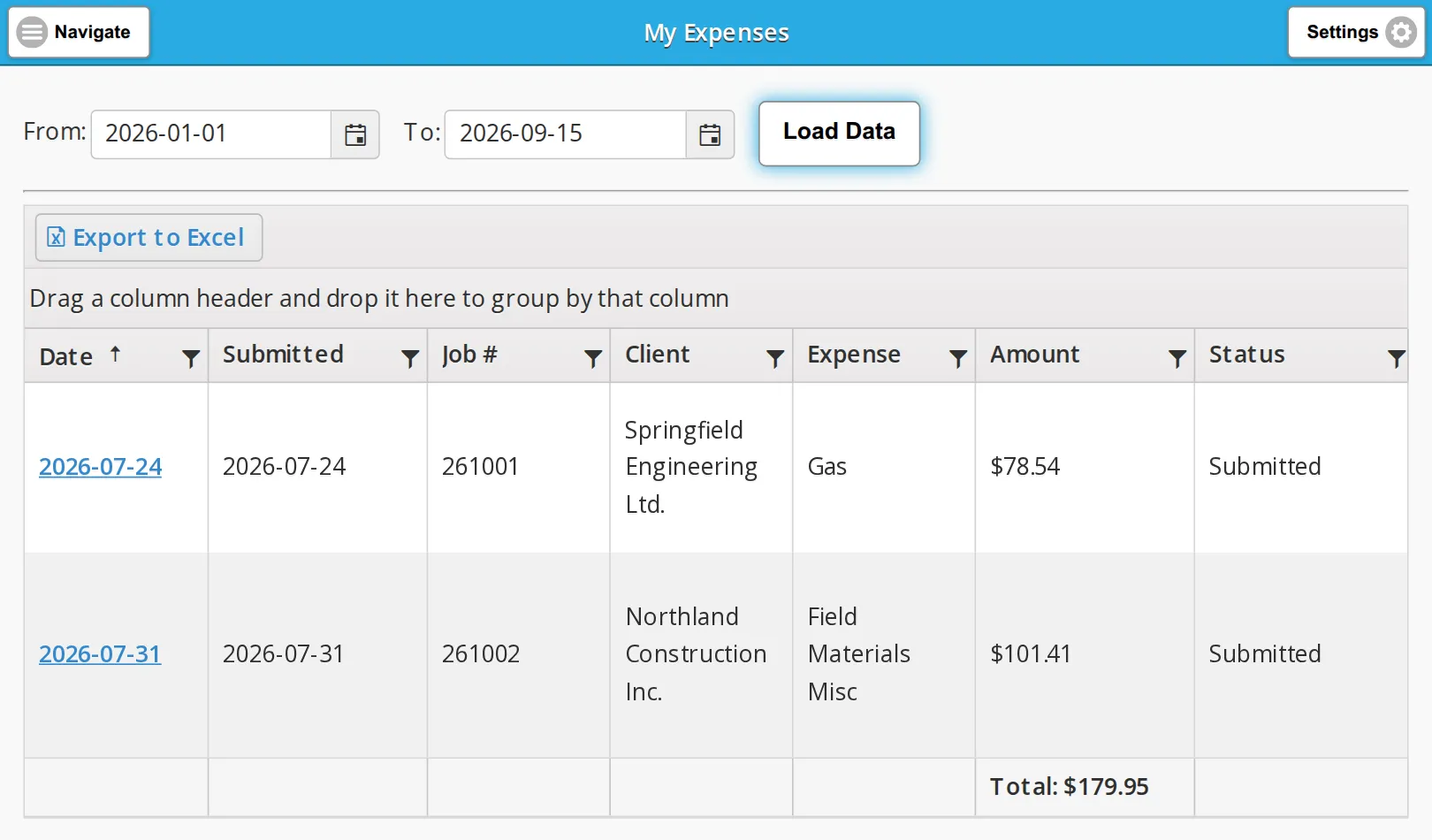 My Expenses on a phone, loaded from the start of the year, with two rows and the Total