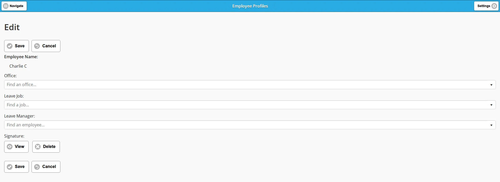 A technician's own employee profile open for editing, with the Signature field showing View and Delete